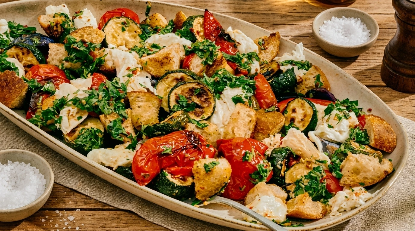 Rostade grönsaker med mozzarella och krutonger | Enkel vårmiddag